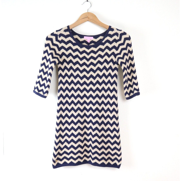 Lilly Pulitzer Girls L Chevron Knit Sweater Dress Navy Blue Cream - Picture 1 of 10
